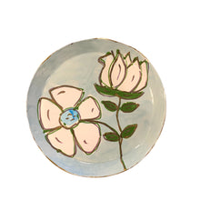 Load image into Gallery viewer, White Floral Plate Light Blue Background
