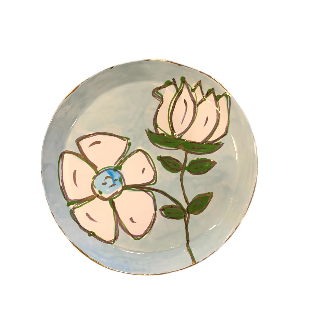 White Floral Plate Light Blue Background